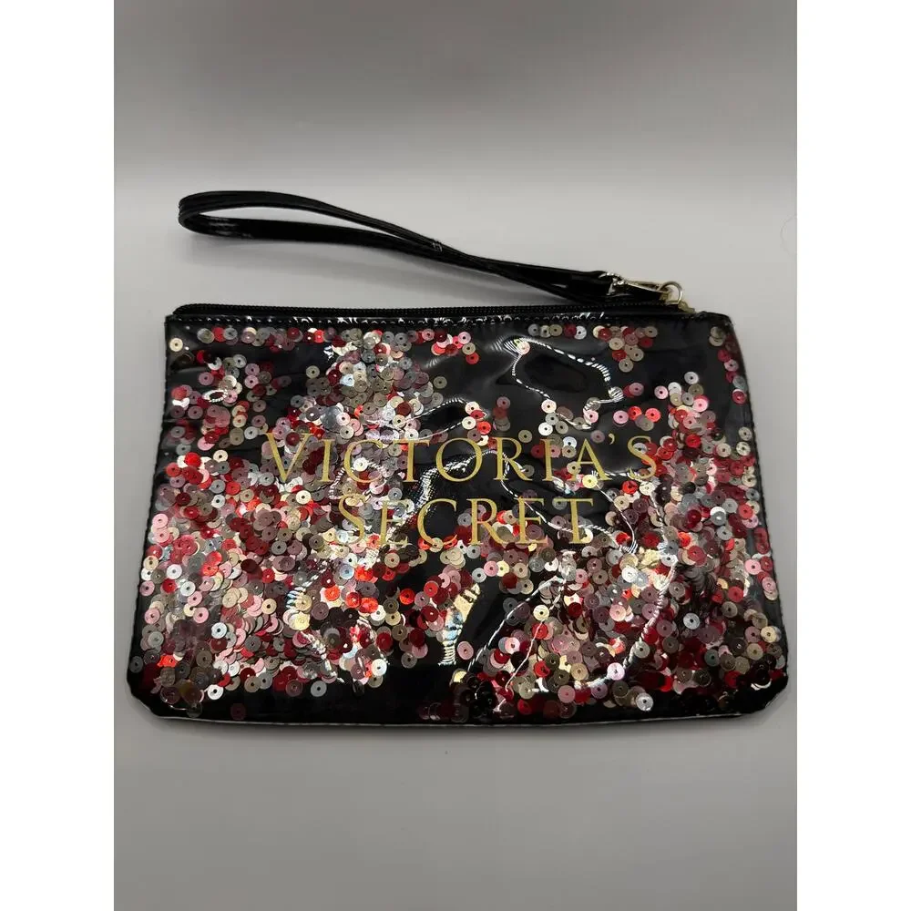 Victoria’s Secret Black Confetti Sequin Zip Wristlet Cosmetic Makeup Pouch Bag